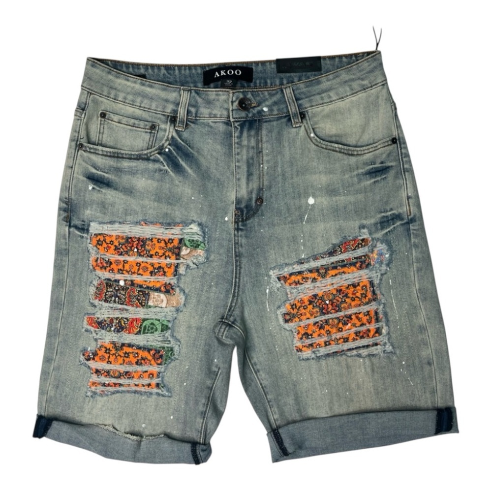 Sz 32 AKOO Distressed Denim Shorts with Orange Accents